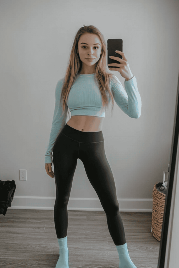 Image showing woman wearing a light blue long sleeve crop top with black leggings and pastel blue socks