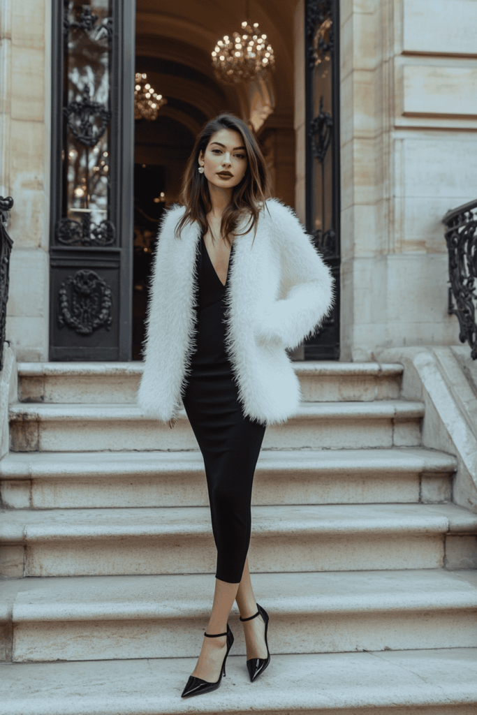 Woman wearing a black dress with long sleeves with a white fur jacket and black heels