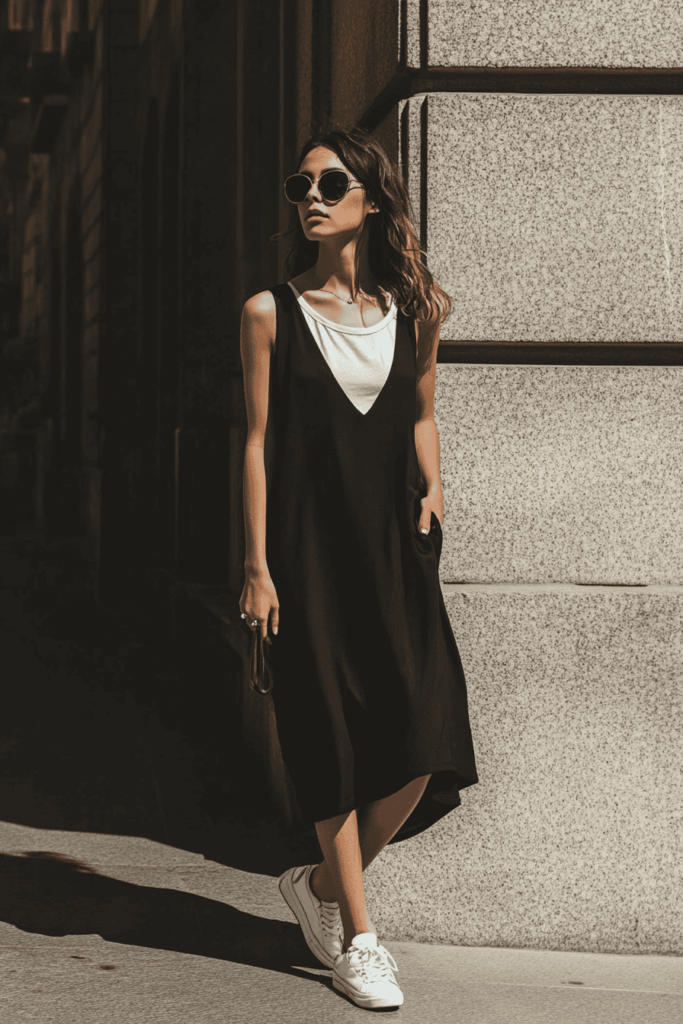 Woman wearing a black slip dress with a white t-shirt underneath, white sneakers and black shades.