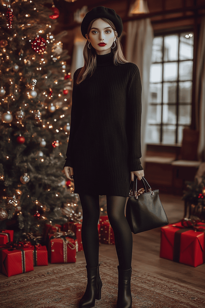 woman wearing a black sweater dress with black tights and black ankle boots. She has a black beret and is holding a black handbag in one hand.