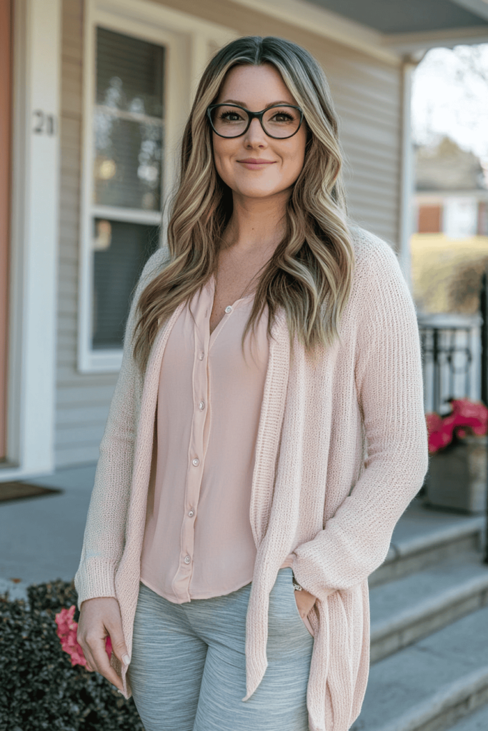 middle aged woman wearing gray flare leggings with a light pink shirt underneath a pastel cardigan.