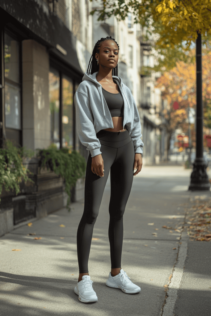 A black woman wearing grey hoodie over a black top with black leggings and white tennis shoes.