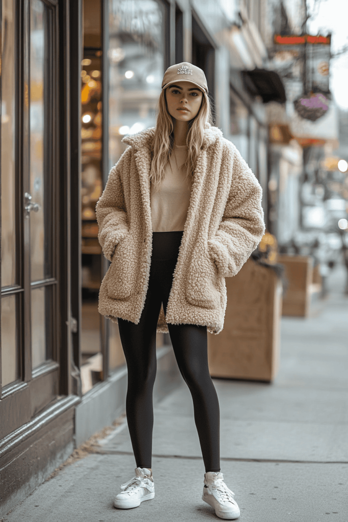 Image showing a white woman wearing black leggings, beige fluffy coat over a hoodie and a beige baseball cap