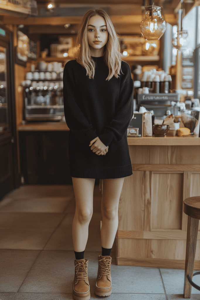 White woman wearing a black sweater dress with brown ankle boots