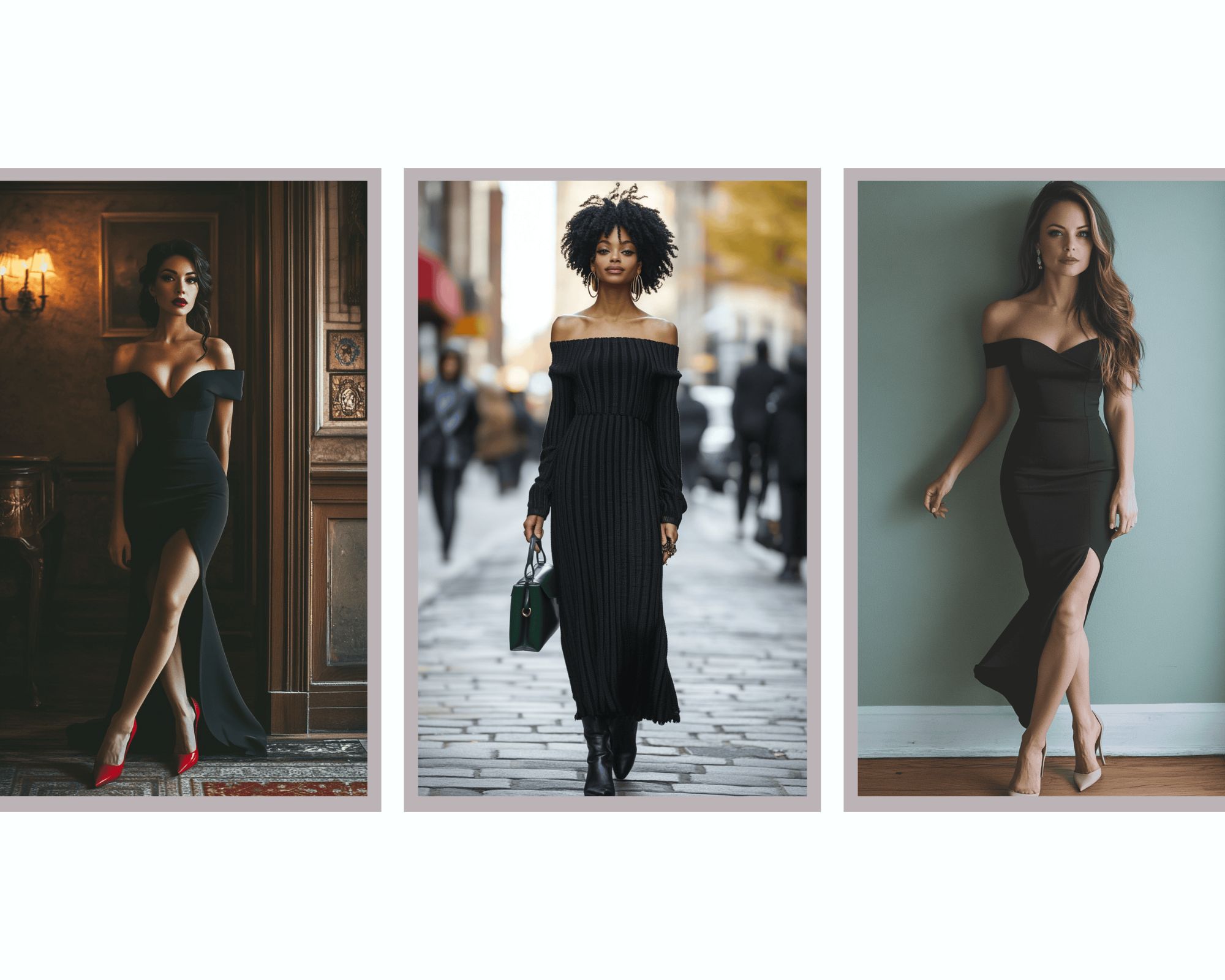 Image showing 3 different women showcasing different types of black dress outfits.