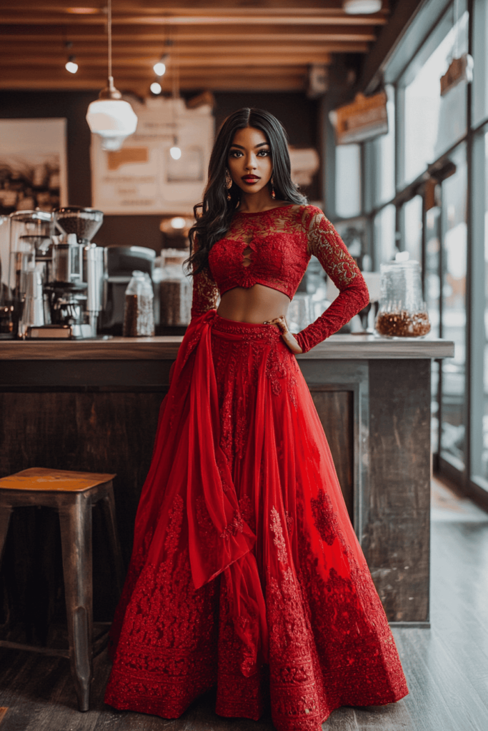 Black woman wearing a red lehenga with long sleeves and a red lace top.