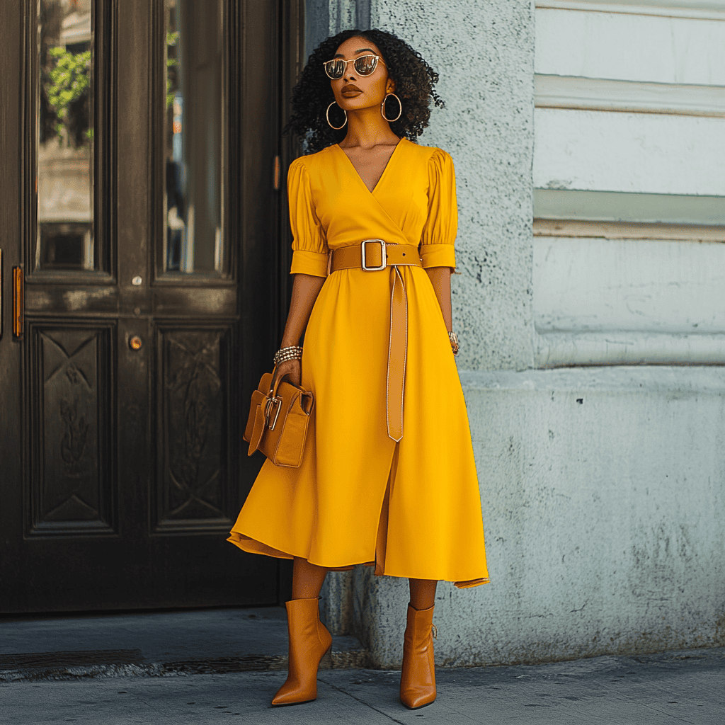A woman wearing a bright yellow midi dress with a wide brown leather belt, tan ankle boots, and a matching crossbody bag. She also has gold hoop earrings and natural makeup.