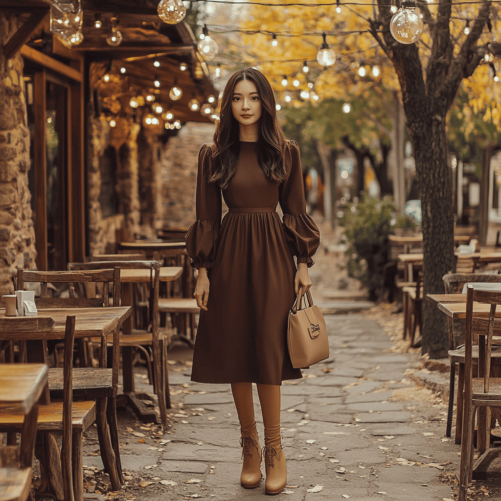 A woman wearing a chocolate brown midi dress with puff sleeves, paired with tan ankle boots and a beige crossbody bag.