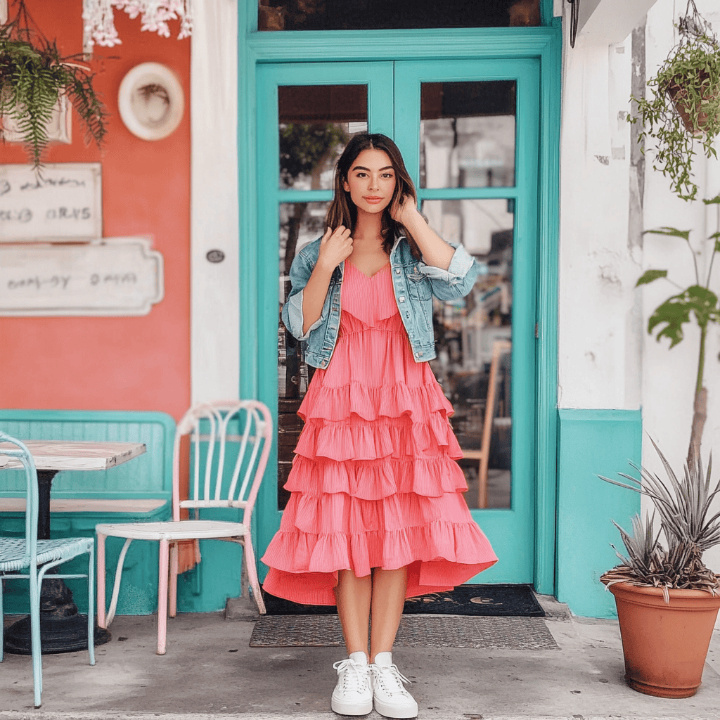 A woman wearing a hot pink tiered midi dress with a denim jacket draped over her shoulders and white platform sneakers.