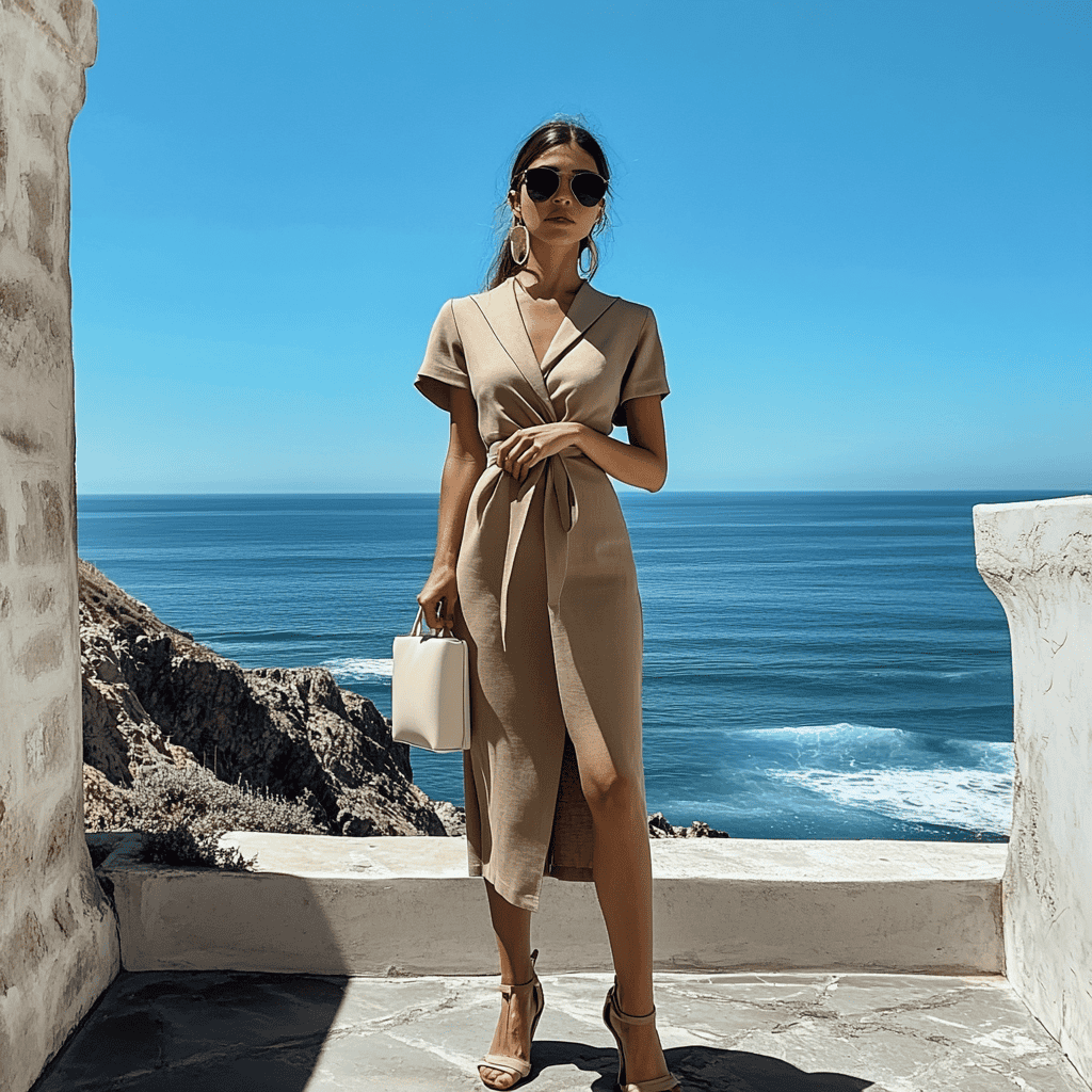 A woman wearing a warm taupe midi dress with a belted waist, paired with heeled sandals and a cream-colored clutch.
