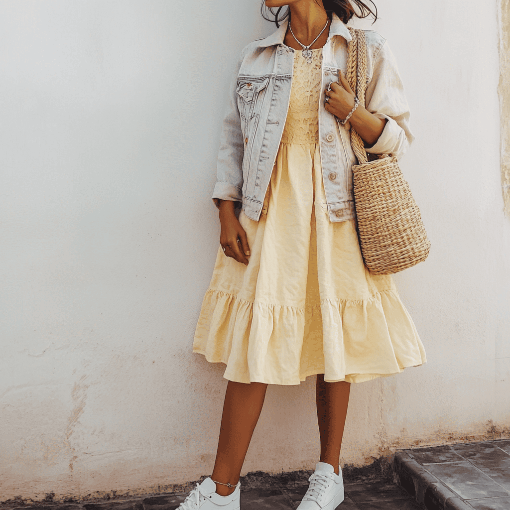 Image showing a woman wearing a pastel yellow sundress paired with white sneakers, a light denim jacket, and a beige woven hat.