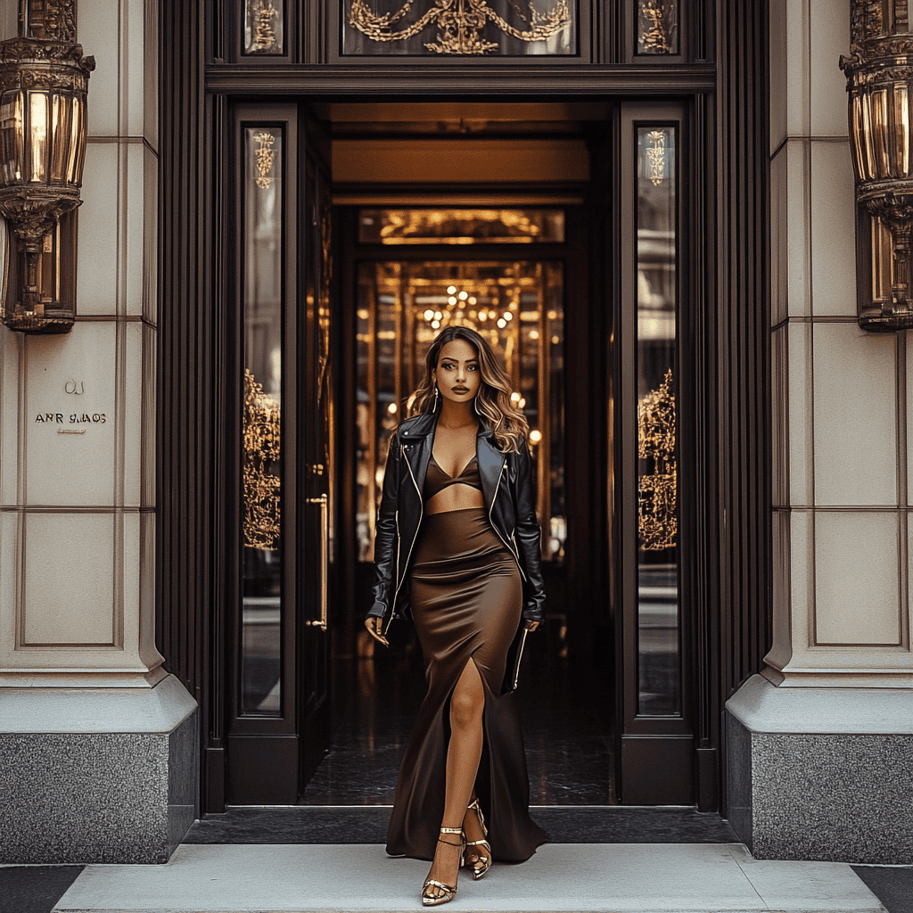 A woman wearing a dark brown satin slip dress with strappy gold heels and a black leather jacket draped over her shoulders.