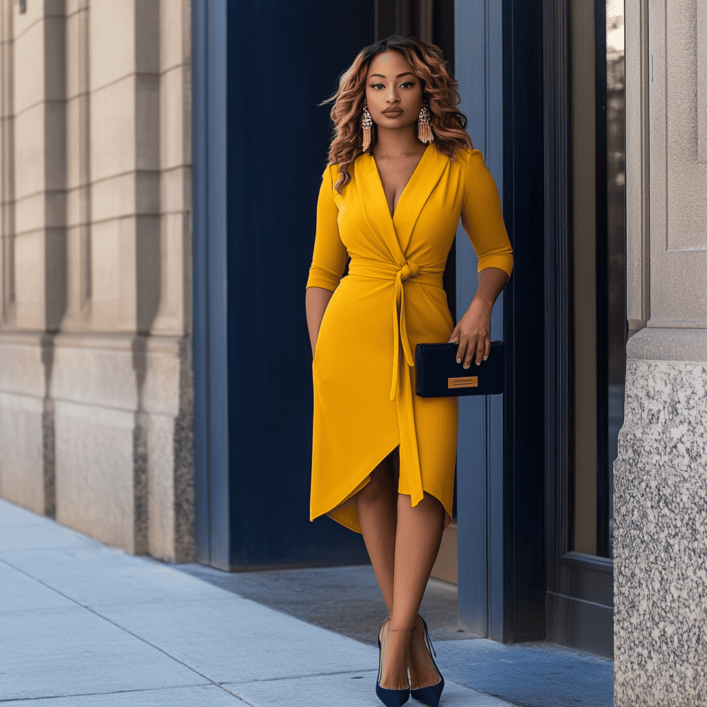 A woman wearing a mustard yellow wrap dress styled with navy blue heels, a matching clutch, and gold statement earrings.