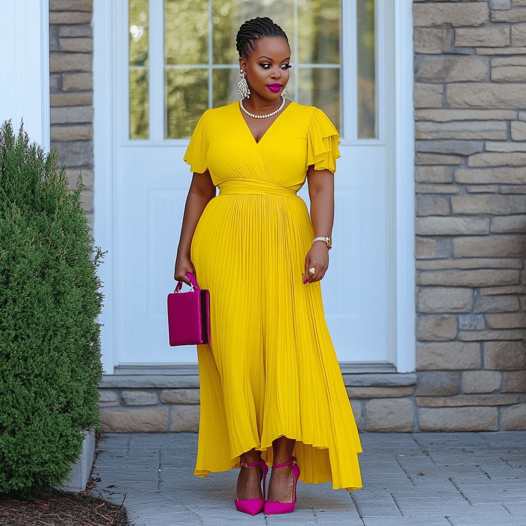 A woman wearing a canary yellow maxi dress with bold magenta heels, a magenta clutch, and a pearl necklace.