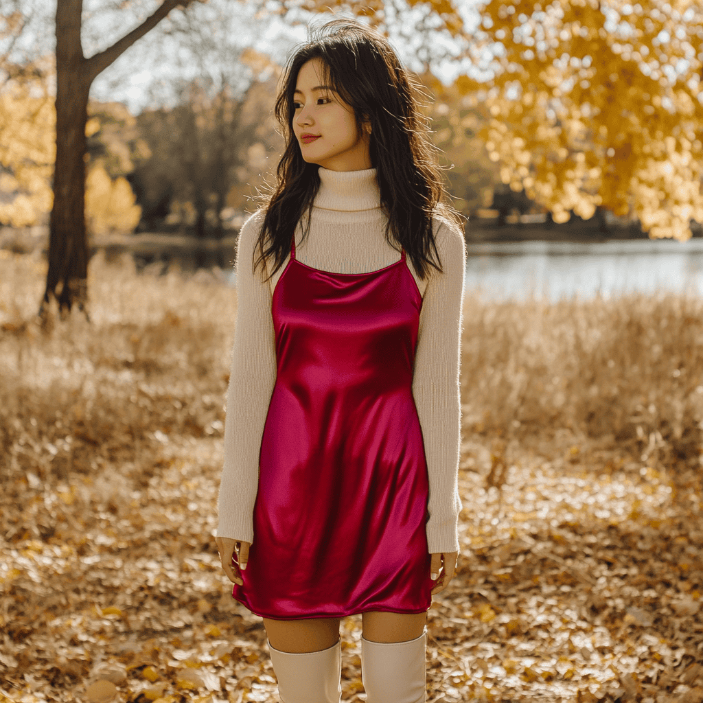 A woman wearing a hot pink satin slip dress layered with a cream turtleneck sweater and beige knee-high boots.