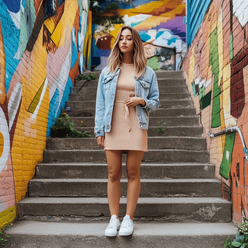 A woman wearing a light brown ribbed bodycon dress styled with white sneakers and a denim jacket tied around her waist.