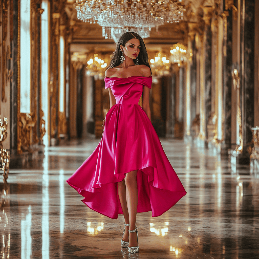 A woman wearing a hot pink off-shoulder cocktail dress with silver stilettos and statement chandelier earrings.