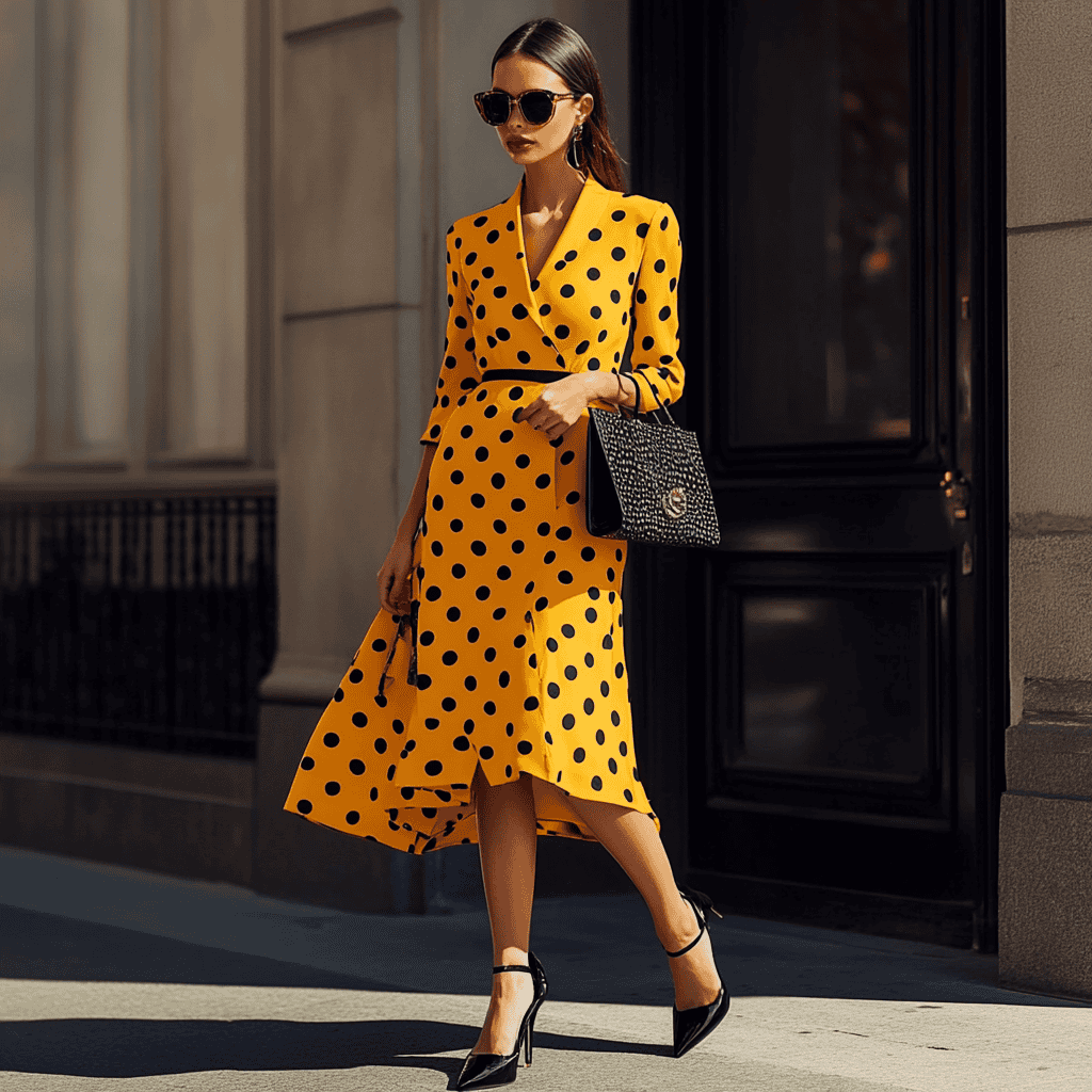 A woman wearing a sunflower yellow dress with black polka dots, styled with black pointed-toe heels and a structured black handbag.