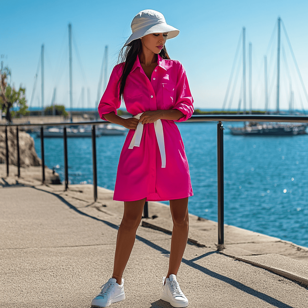 A woman wearing a hot pink shirt dress cinched with a wide white belt, paired with white sneakers and a matching white bucket hat.