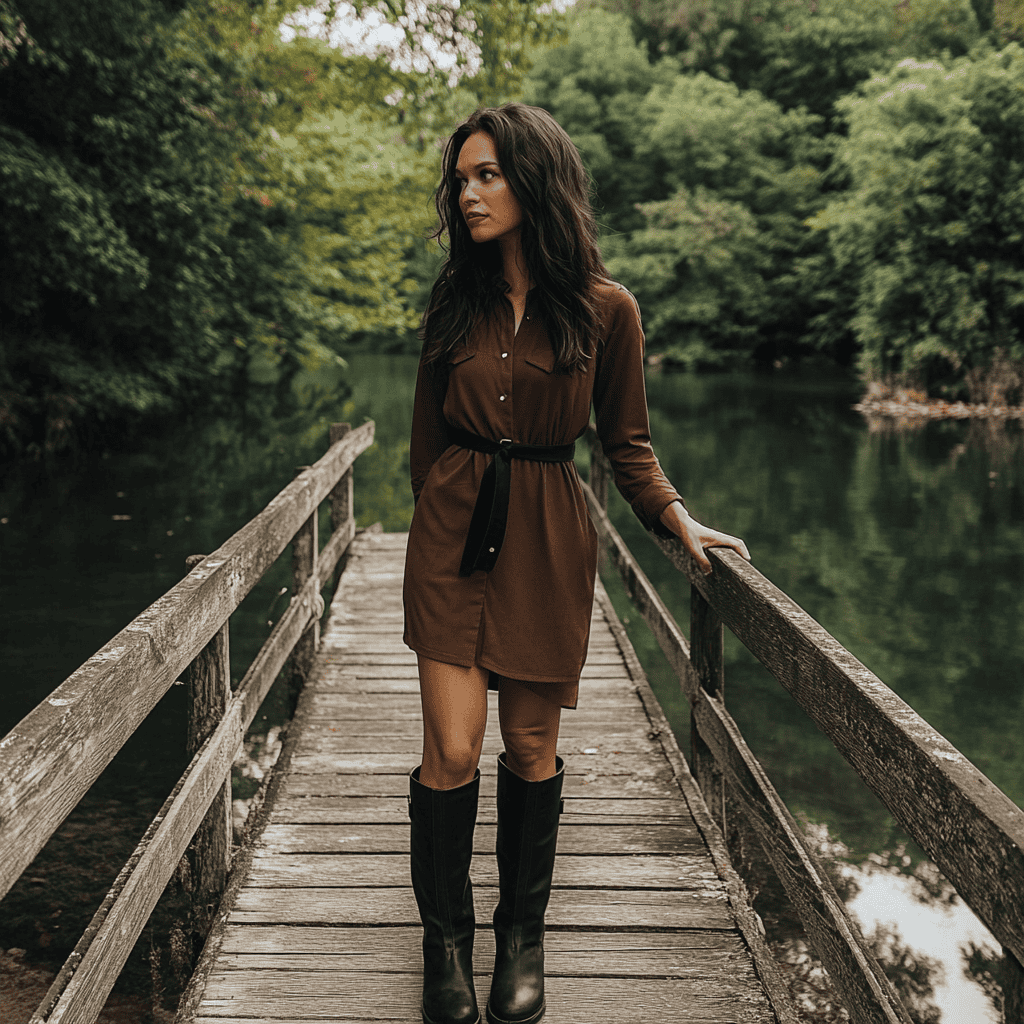 A woman wearing a coffee-brown shirt dress cinched with a black belt, paired with over-the-knee black suede boots.