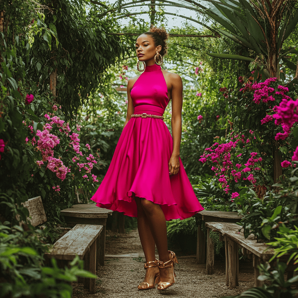 A woman wearing a hot pink halter-neck dress with a matching belt, styled with metallic gold sandals and hoop earrings.
