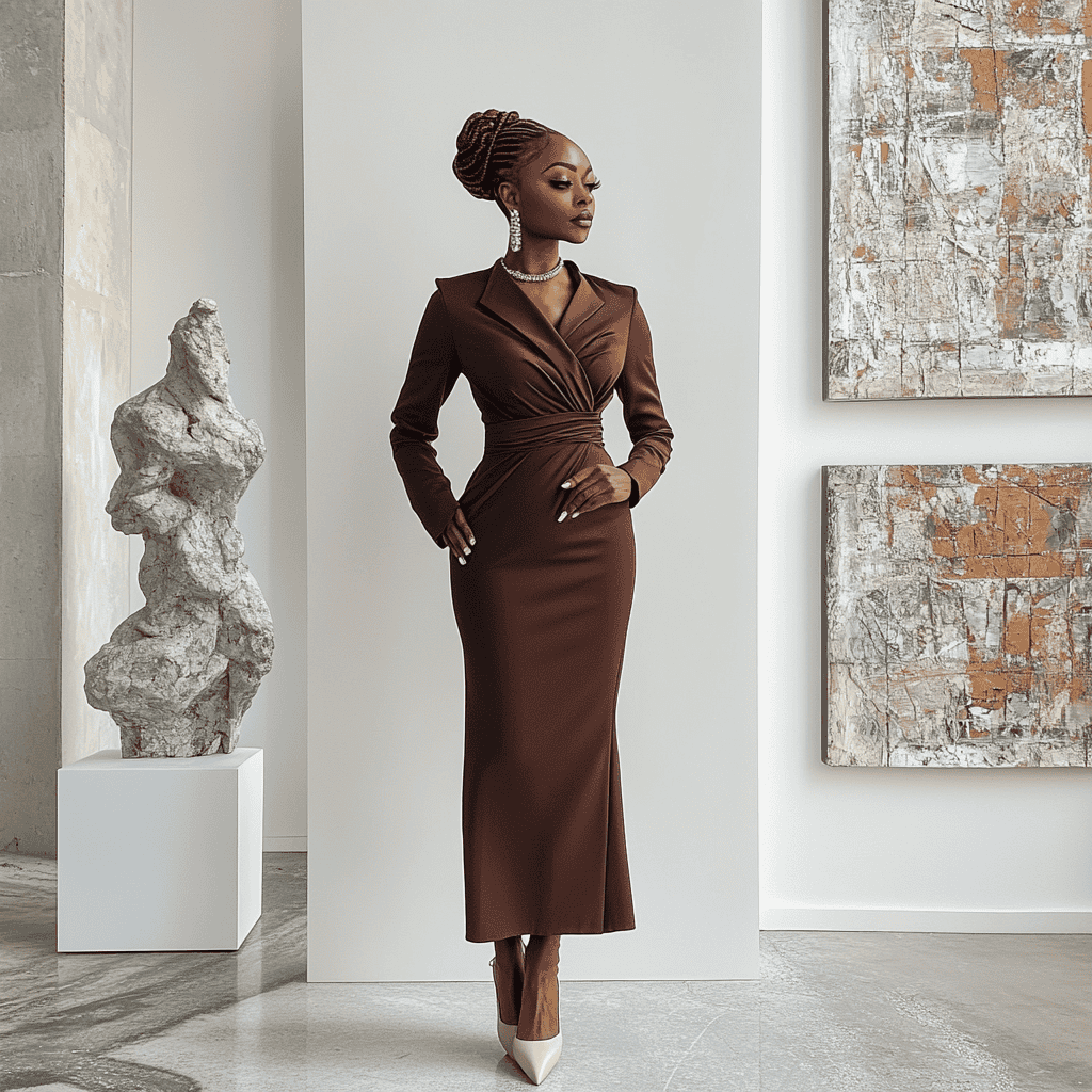 A woman wearing a rich cocoa brown wrap dress with silver jewelry and pointed-toe beige heels. She is posing near a modern art gallery