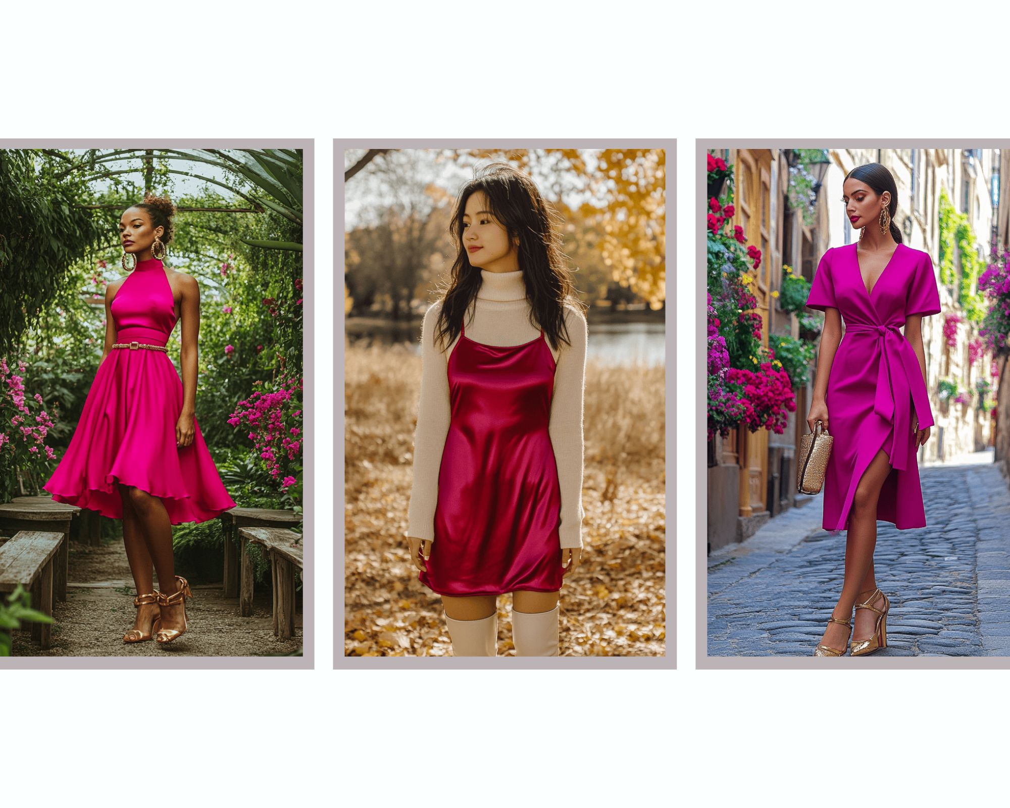 Image showing 3 different women showcasing different kinds of hot pink dress outfit ideas for different settings