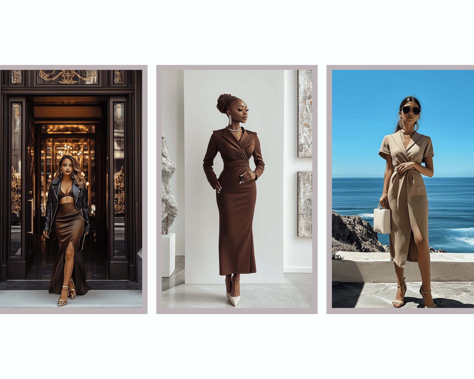 Image showing 3 women showcasing different kinds of brown dress outfit ideas.