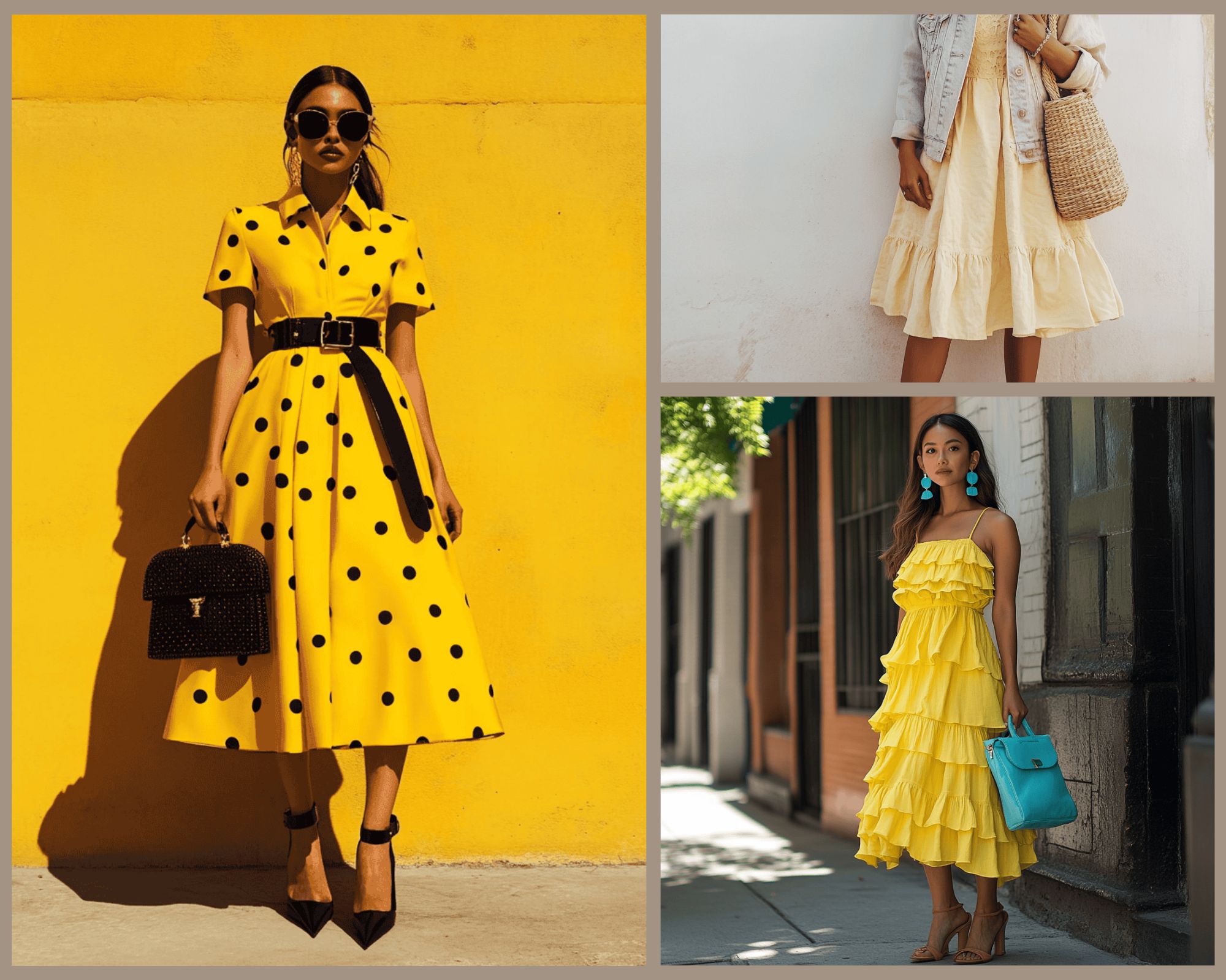 Photo collage showing 3 women wearing different kinds of yellow dress outfit ideas in various settings