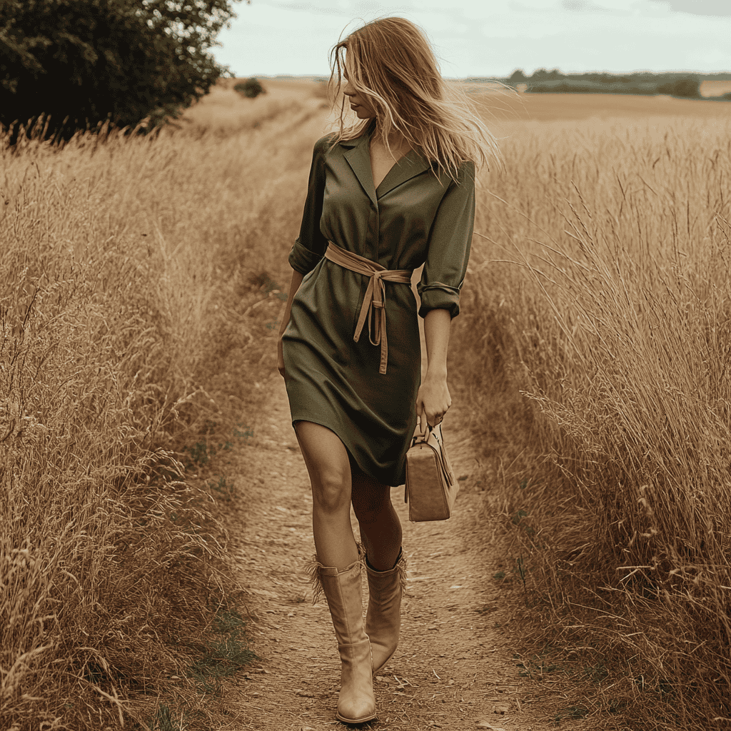 A woman wearing a hunter green belted shirt dress with rolled-up sleeves, styled with knee-high beige suede boots and a matching clutch.