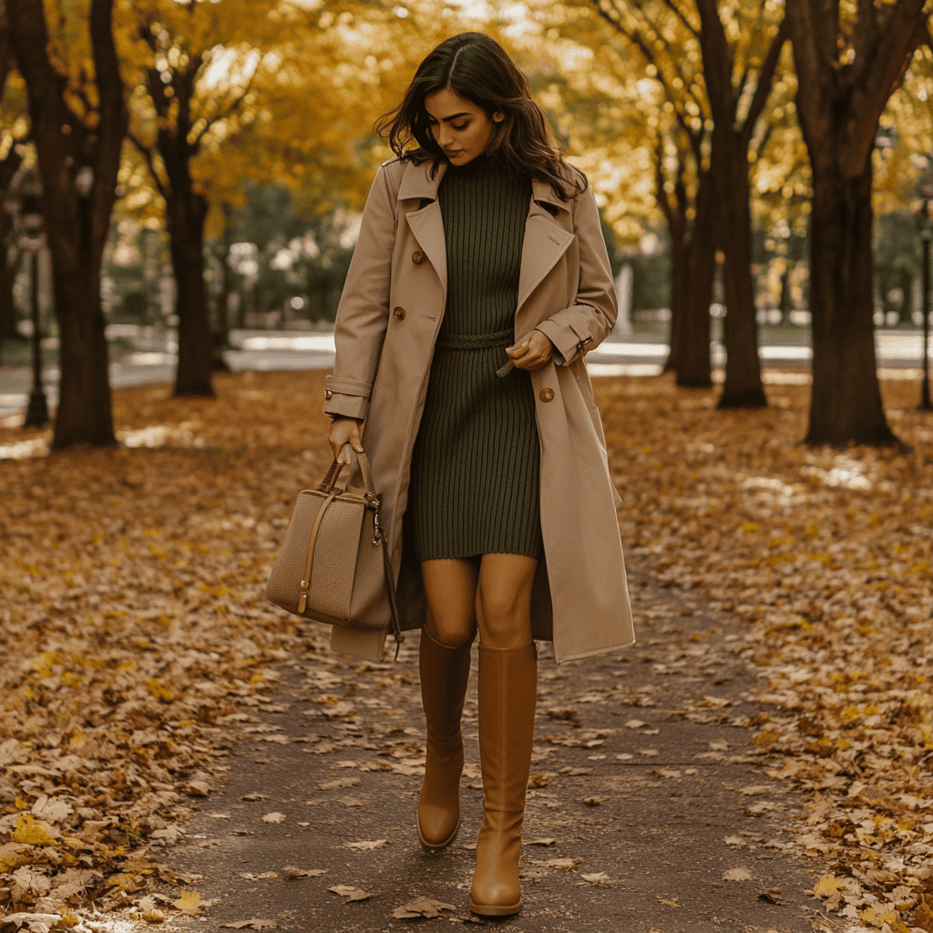 A woman wearing an olive green sweater dress, layered with a beige trench coat, knee-high tan boots, and a matching crossbody bag.