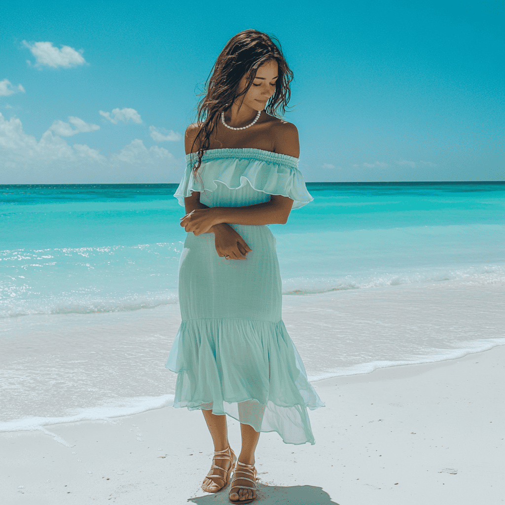 A woman wearing a seafoam green off-the-shoulder dress with delicate ruffle details, paired with gold strappy sandals and pearl accessories.